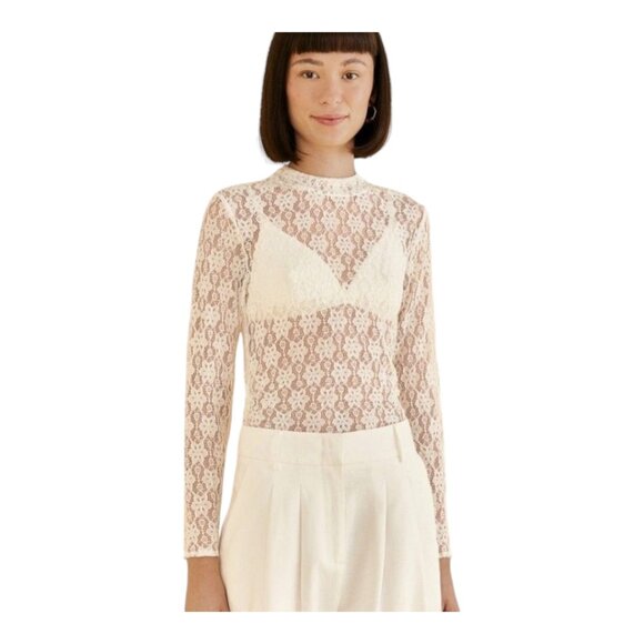 Farm Rio White Lace Long Sleeve Ruched Blouse Feminine Cottagecore Women's Small - Picture 1 of 12